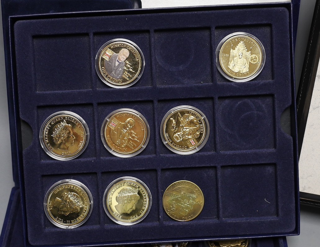 A cased collection of 15 Queen Elizabeth the Queen Mother 1994 proof silver coins, three QEII proof silver coins, Westminster Mint British Heroes crowns and 12 Queen Elizabeth II Coronation Jubilee coins